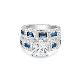Sterling Silver 925 Rhodium Plated Blue and Clear CZ Baguette Ring